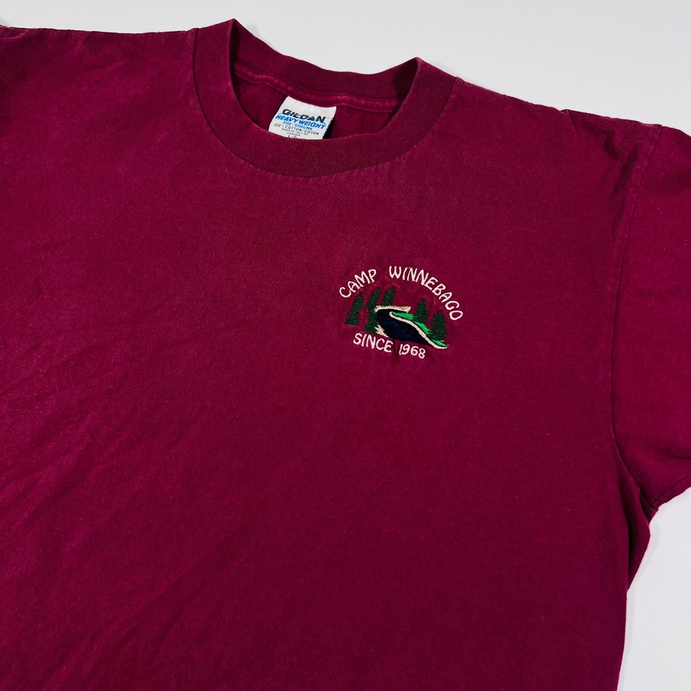 Vintage Camp Winnebago Since 1968 Burgundy Embroidered T-Shirt Men's L Gildan